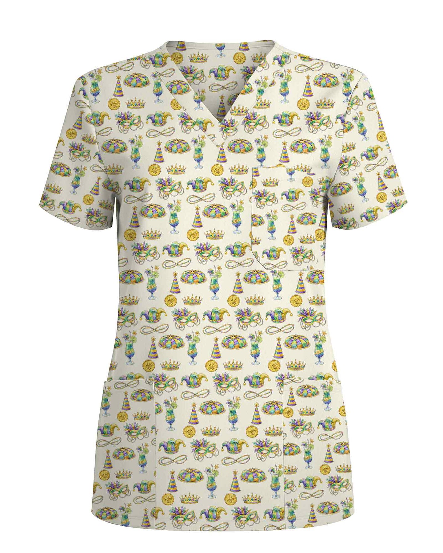 Festive Mardi Gras Carnival Parade Scrub Top - Scrubloop