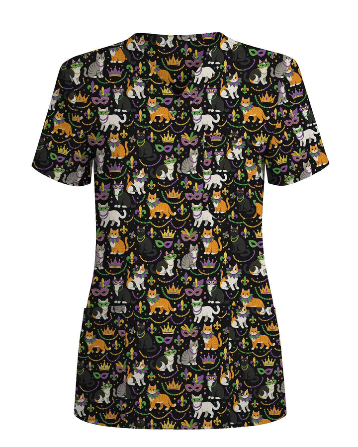 Festive Mardi Gras Cats Medical Scrub Top
