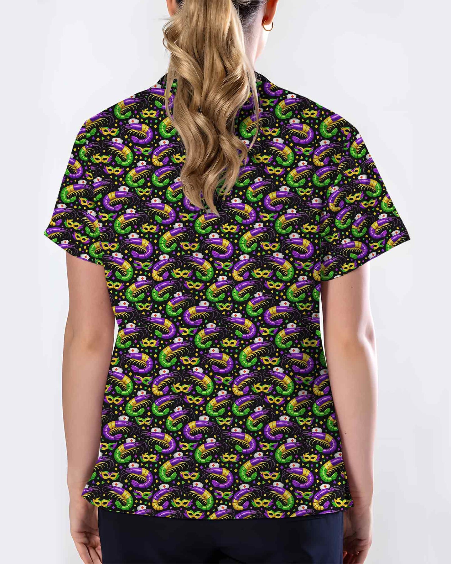 Festive Mardi Gras Crawfish Nurse Carnival Medical Scrub Top - Scrubloop