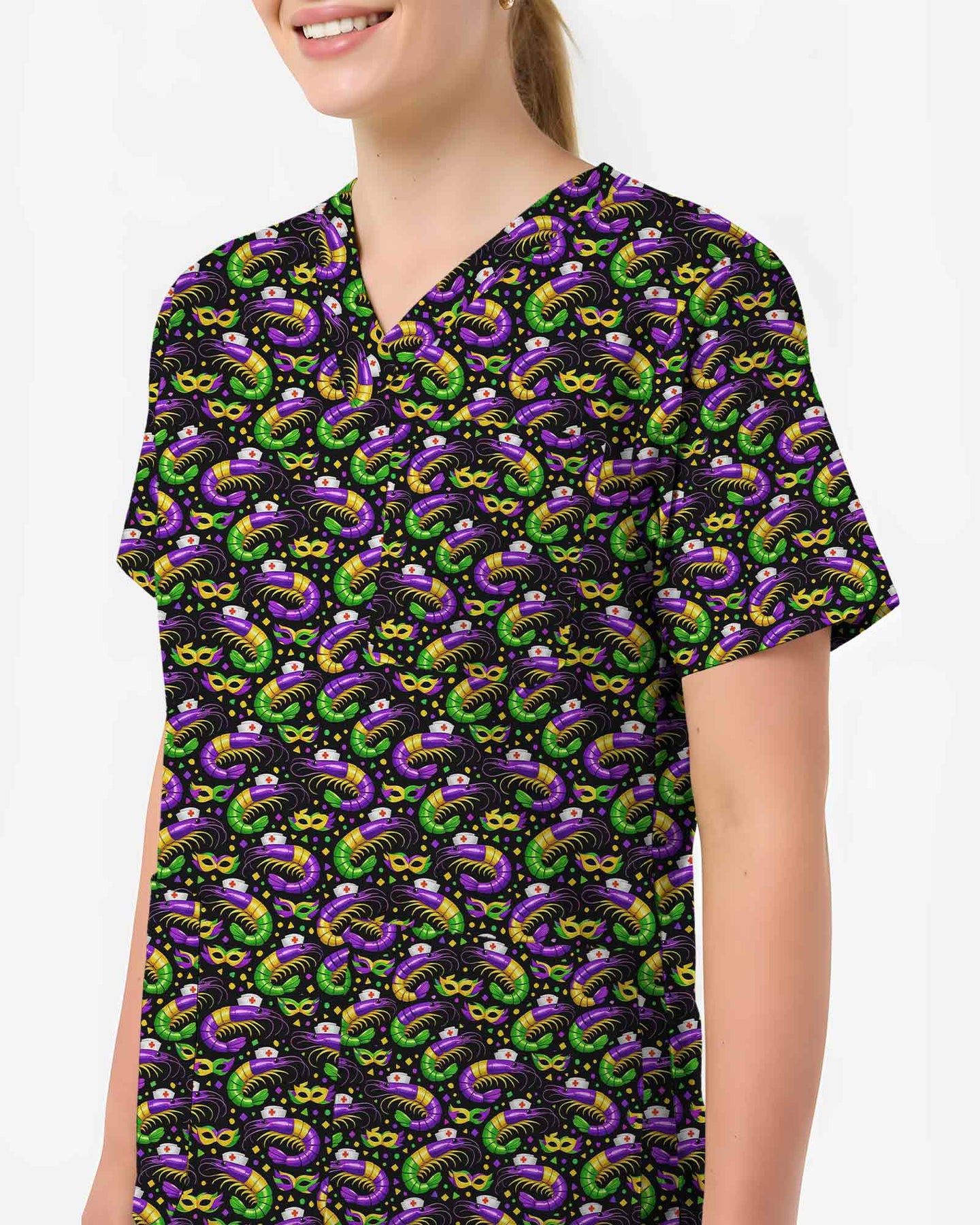 Festive Mardi Gras Crawfish Nurse Carnival Medical Scrub Top - Scrubloop