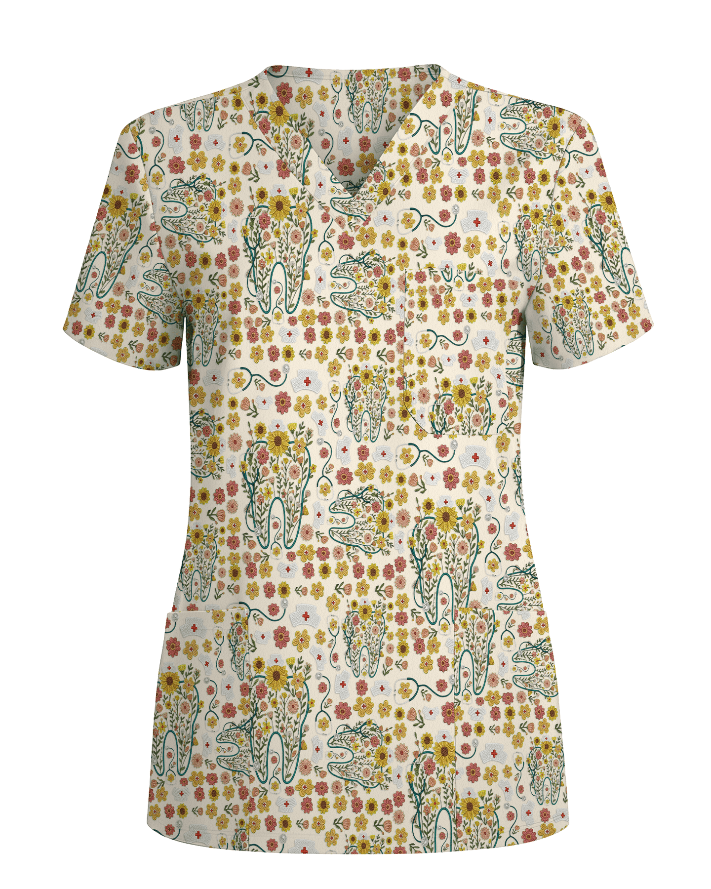 Floral Tooth Sunflower Dental Assistant Scrub Top - Scrubloop