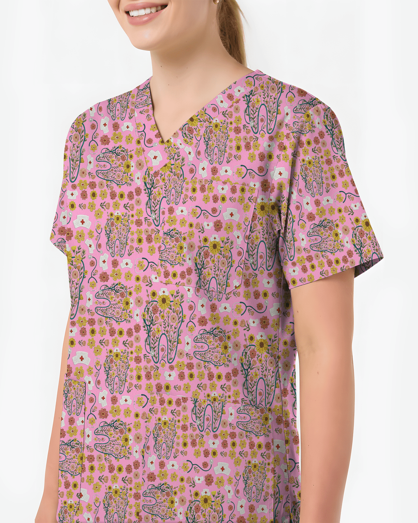 Floral Tooth Sunflower Dental Assistant Scrub Top - Scrubloop