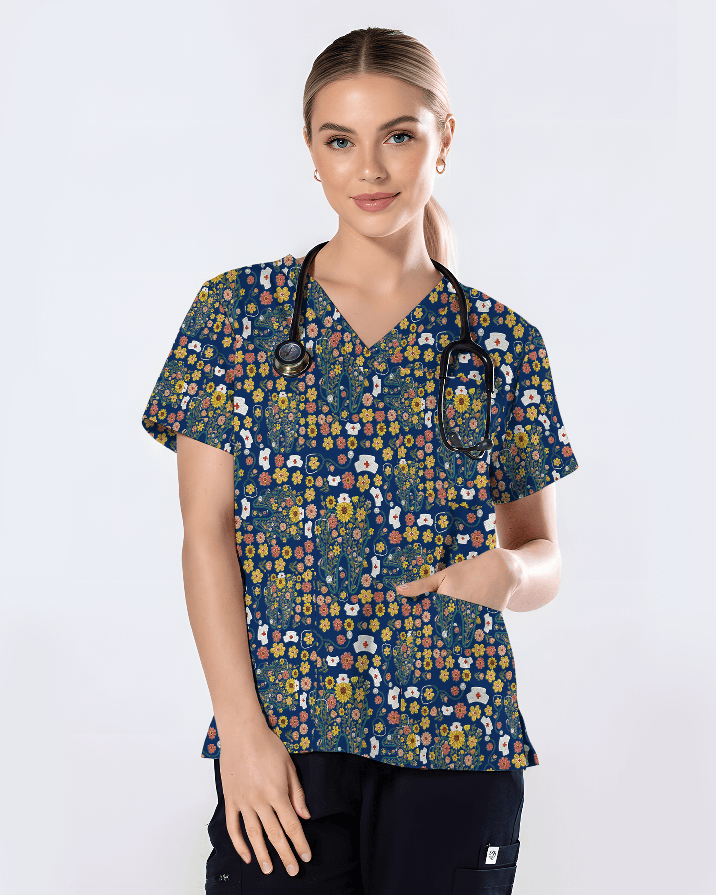 Floral Tooth Sunflower Dental Assistant Scrub Top - Scrubloop