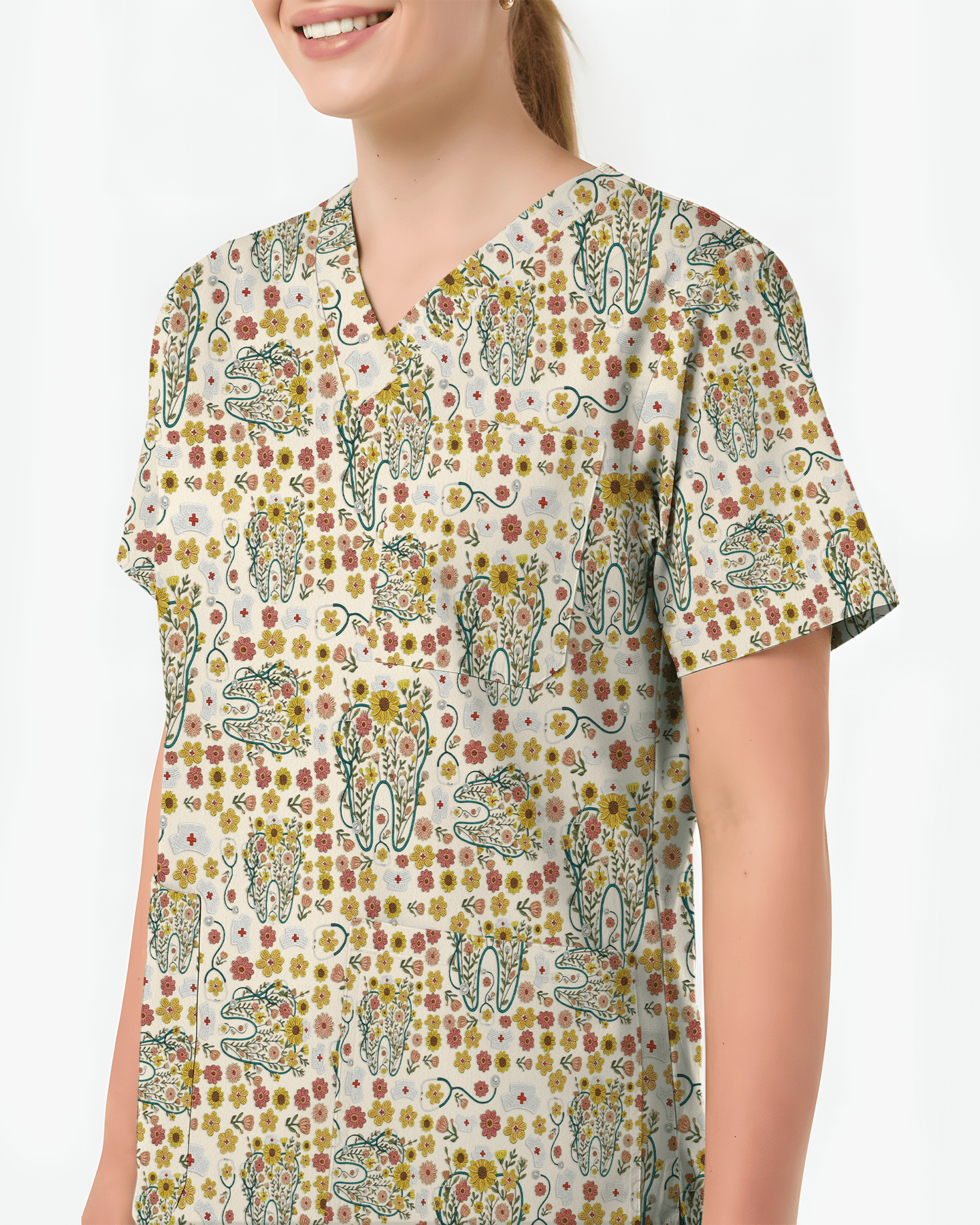 Floral Tooth Sunflower Dental Assistant Scrub Top - Scrubloop