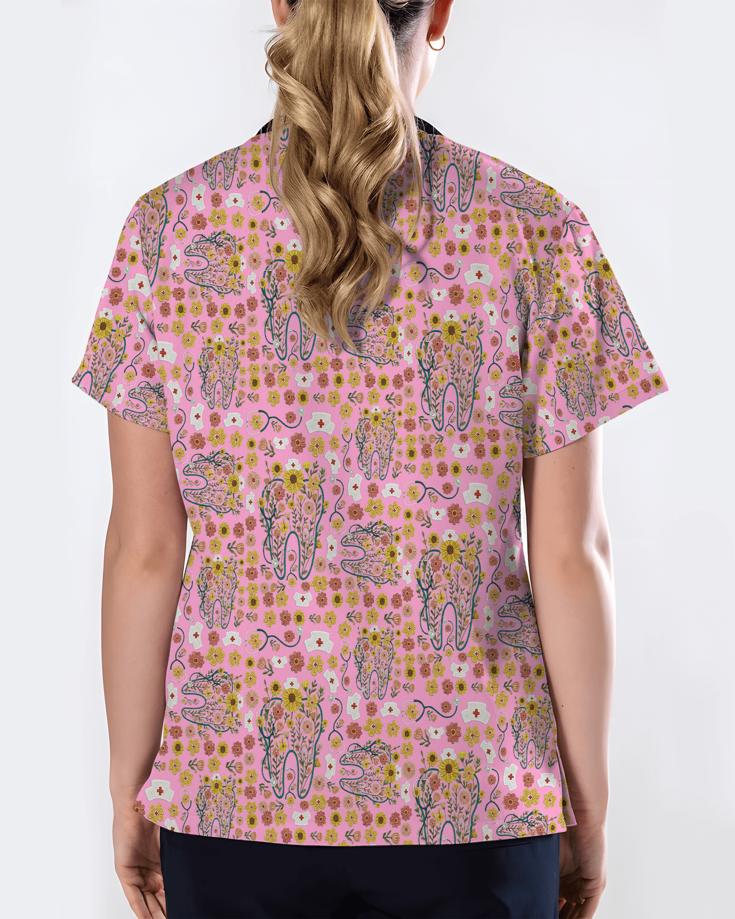 Floral Tooth Sunflower Dental Assistant Scrub Top - Scrubloop