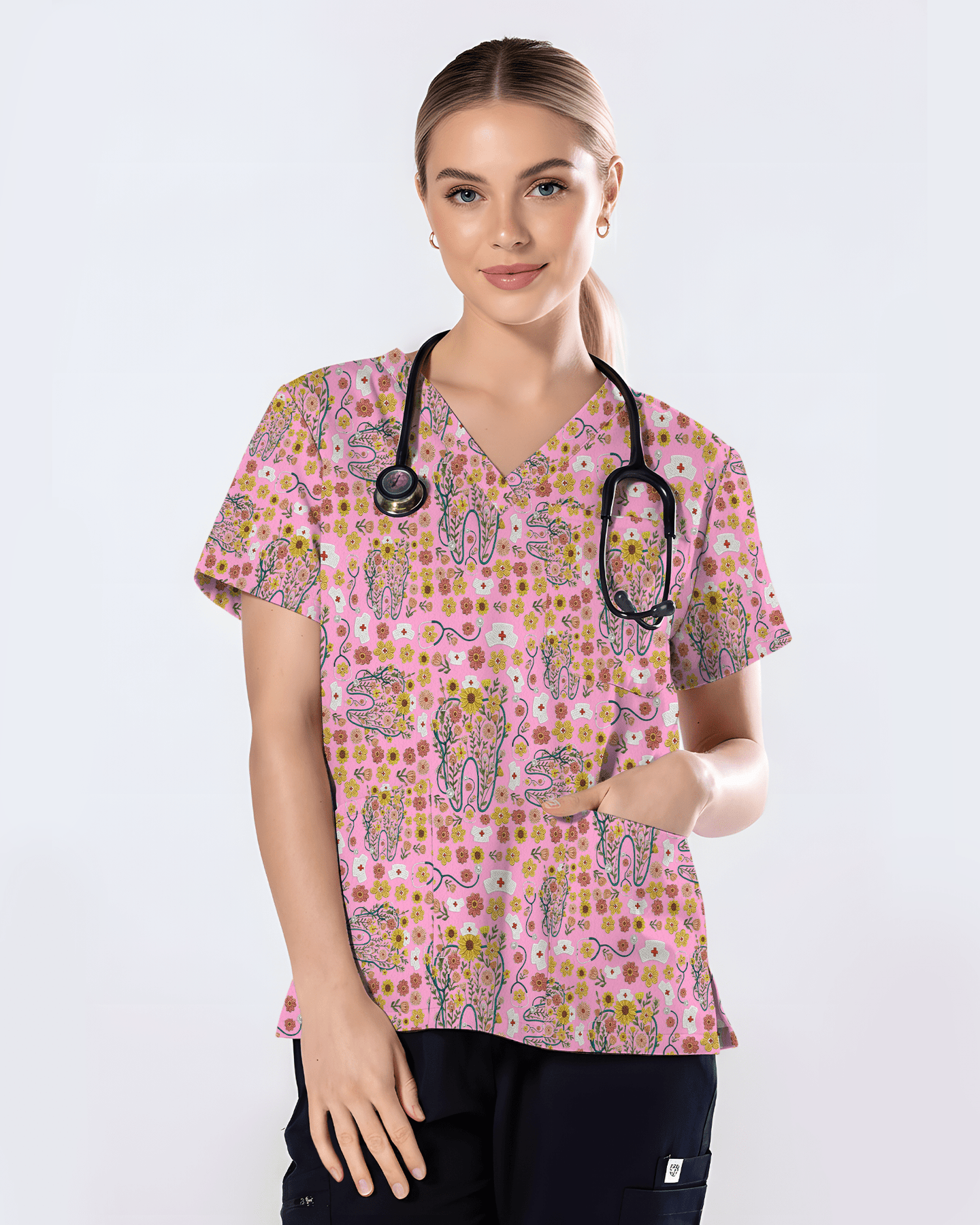 Floral Tooth Sunflower Dental Assistant Scrub Top - Scrubloop