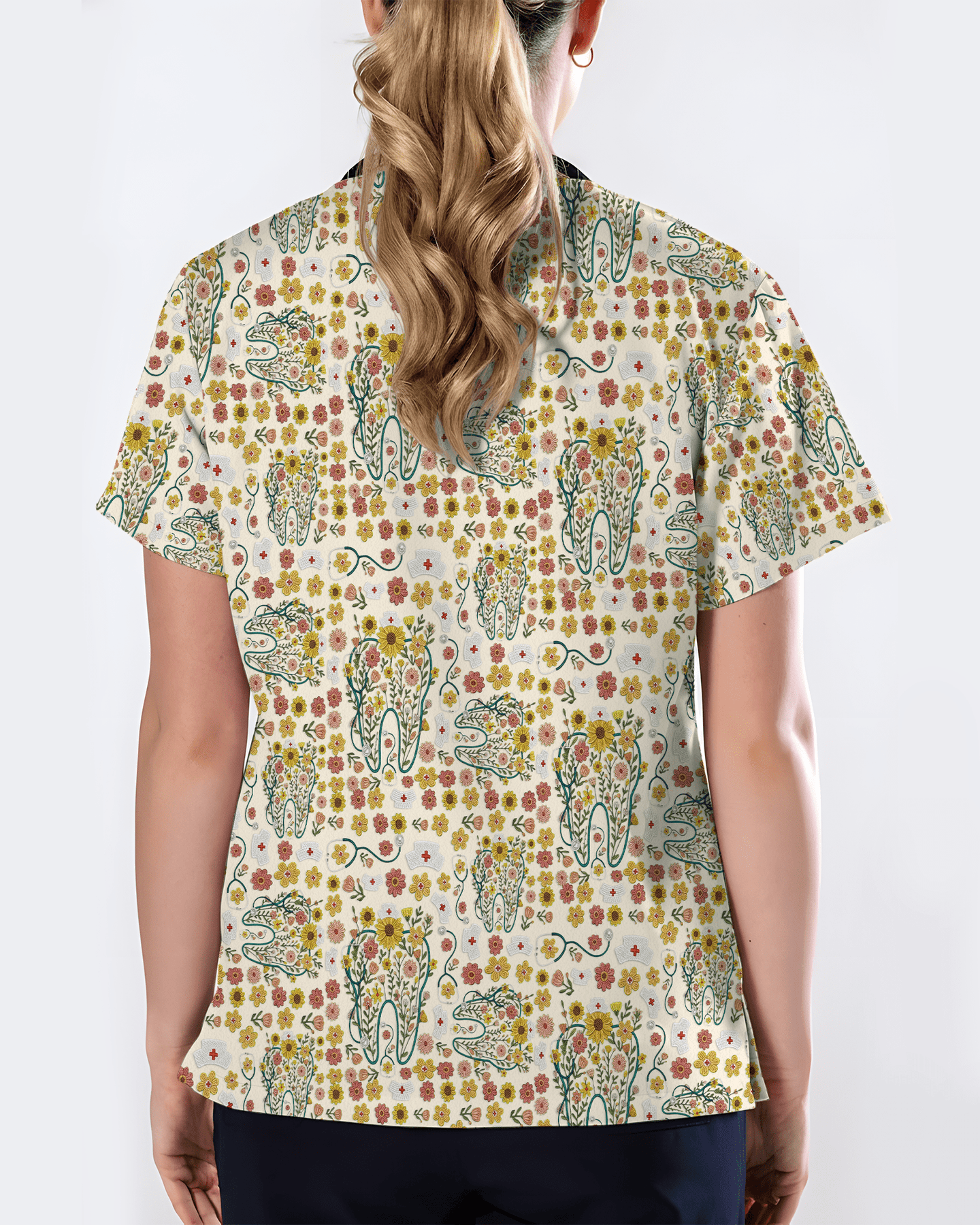 Floral Tooth Sunflower Dental Assistant Scrub Top - Scrubloop