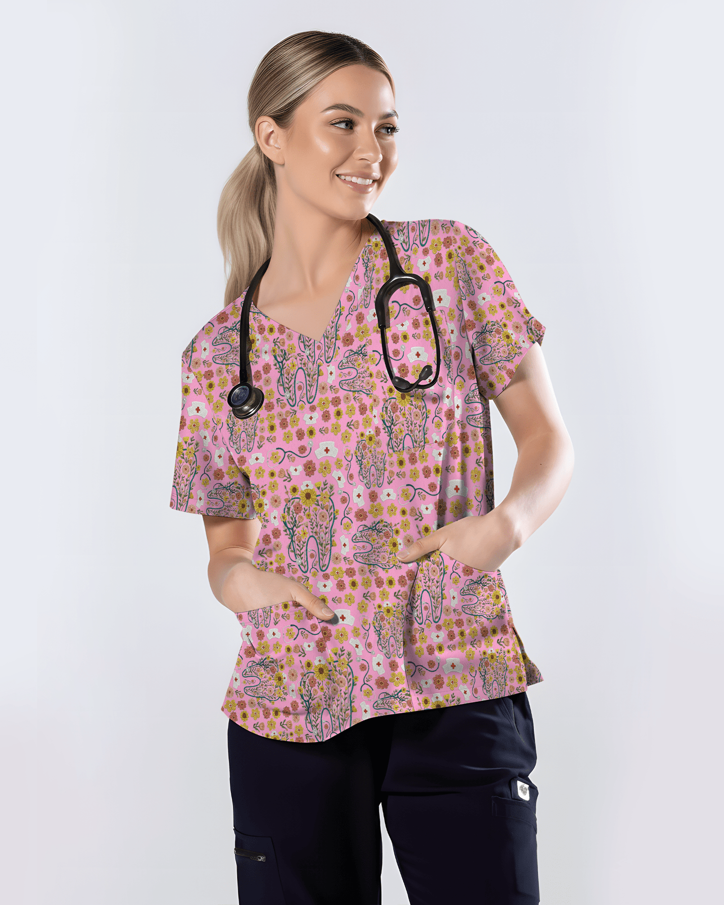 Floral Tooth Sunflower Dental Assistant Scrub Top - Scrubloop