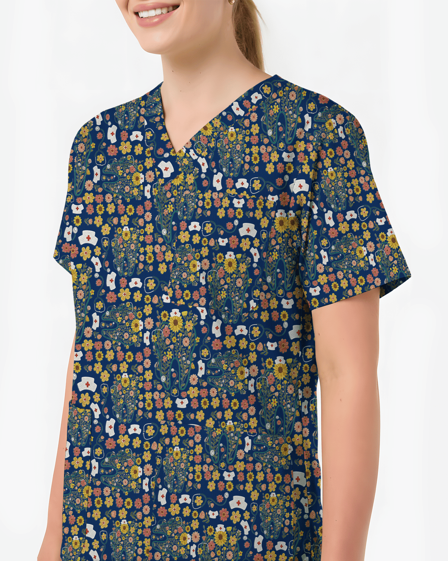 Floral Tooth Sunflower Dental Assistant Scrub Top - Scrubloop