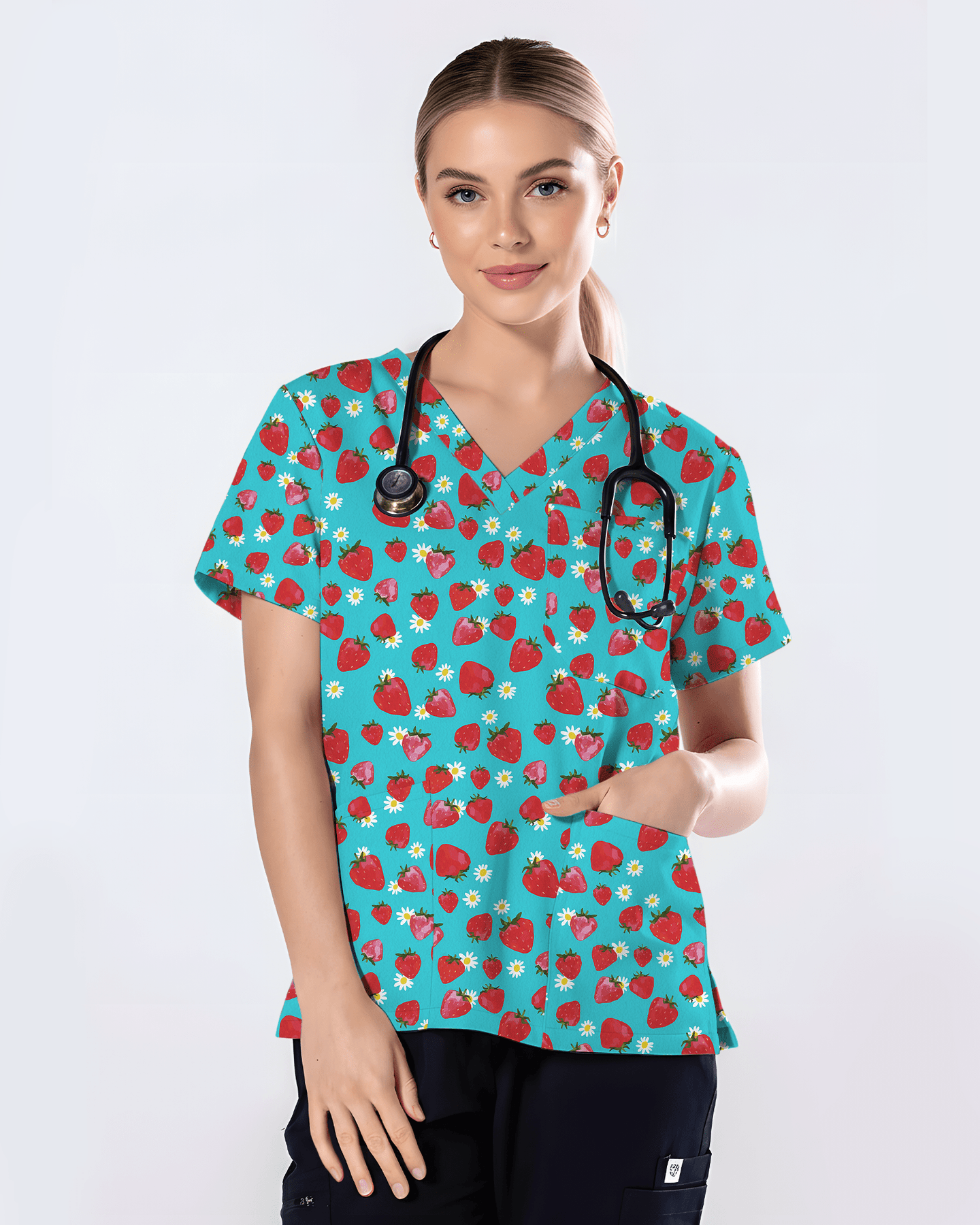 Fresh Strawberry Meadow Women Scrub Top - Scrubloop