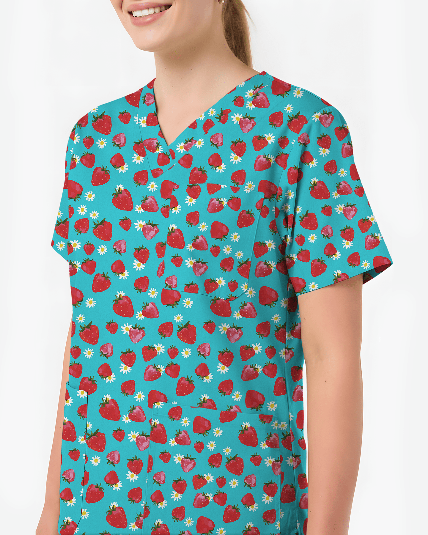 Fresh Strawberry Meadow Women Scrub Top - Scrubloop