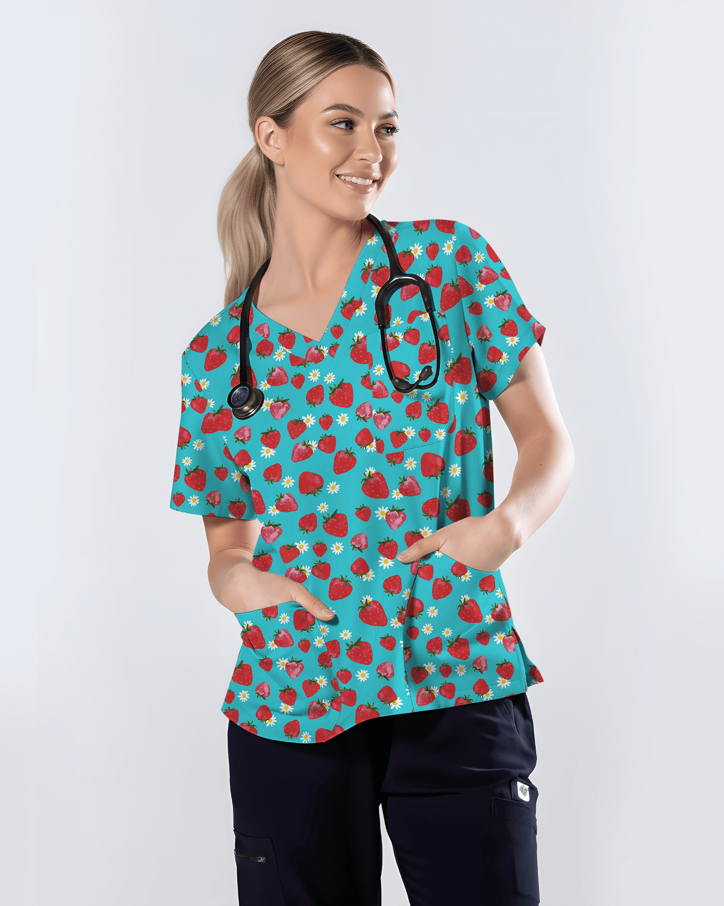 Fresh Strawberry Meadow Women Scrub Top - Scrubloop