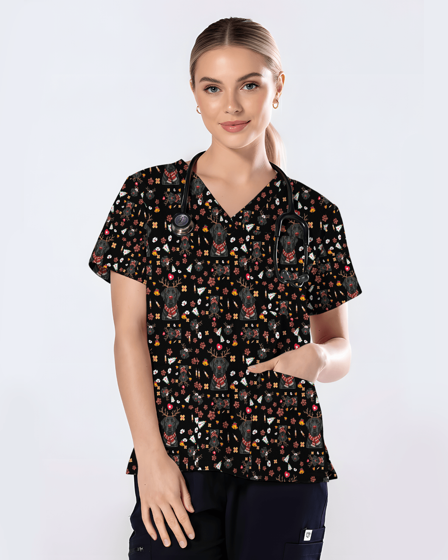 Funny Black Lab Reindeer Scrub Top - Scrubloop