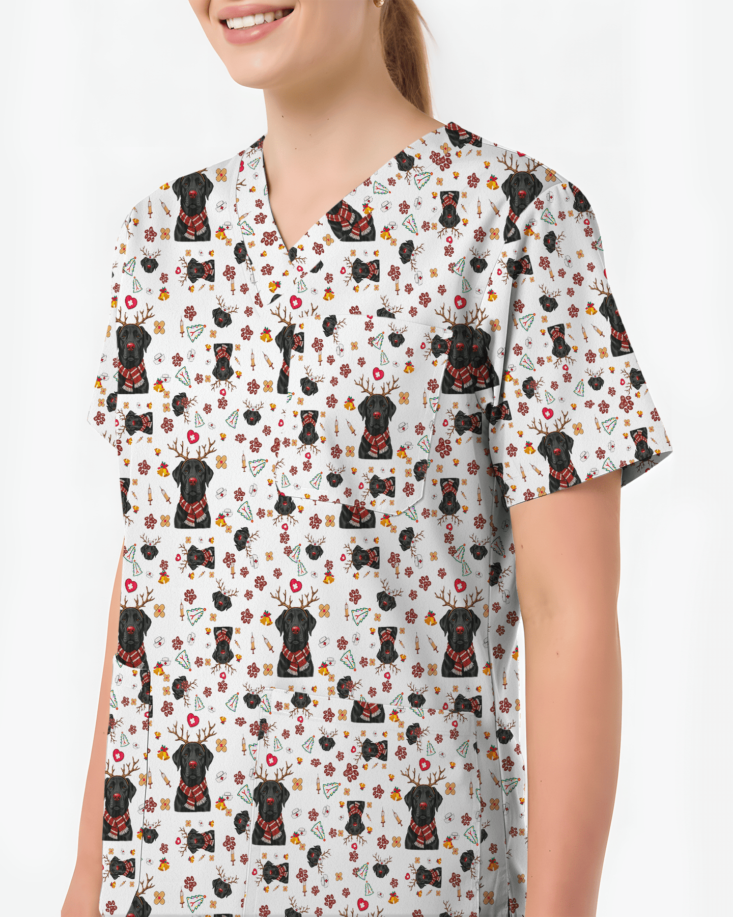 Funny Black Lab Reindeer Scrub Top - Scrubloop