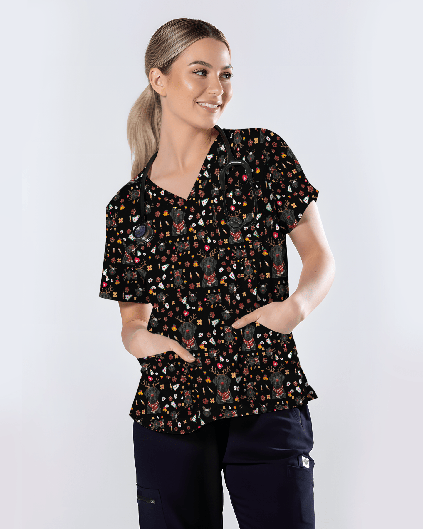 Funny Black Lab Reindeer Scrub Top - Scrubloop