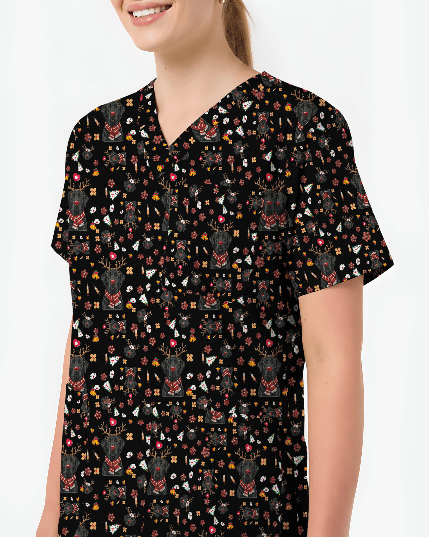 Funny Black Lab Reindeer Scrub Top - Scrubloop