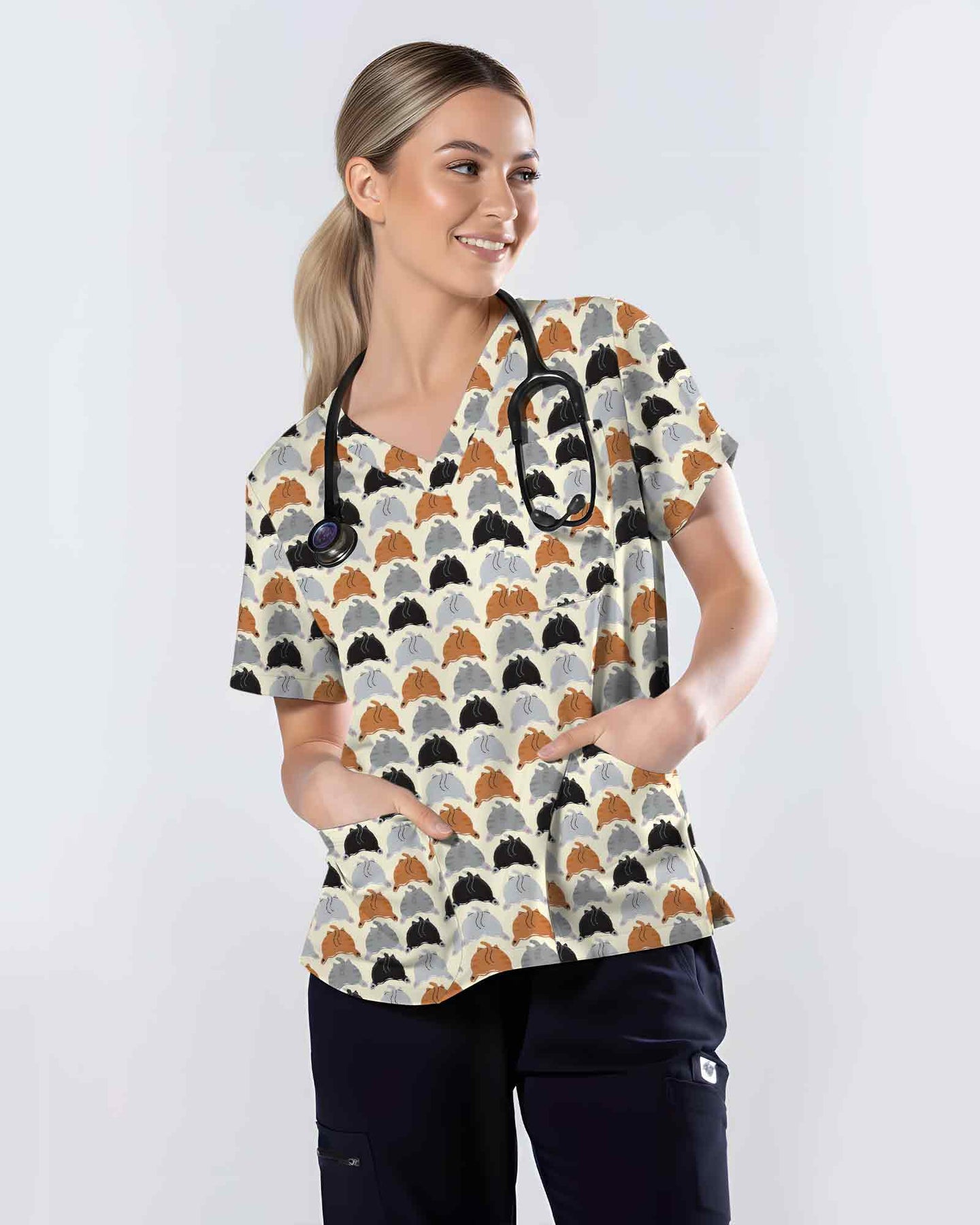 Funny Cat Butt Medical Scrub Top - Scrubloop
