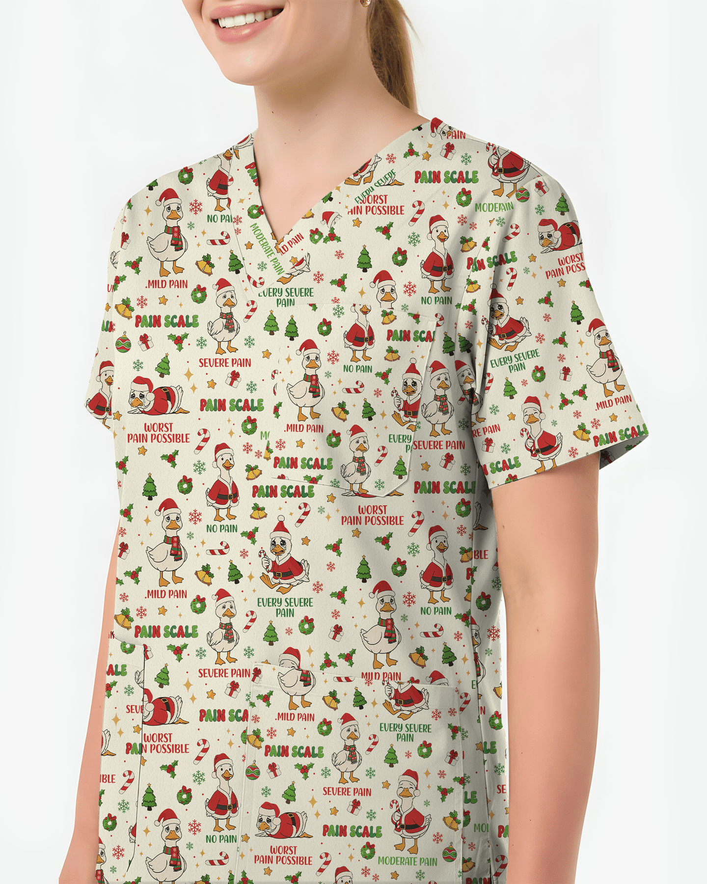 Funny Christmas Goose Pain Scale Nursing Scrub Top - Scrubloop