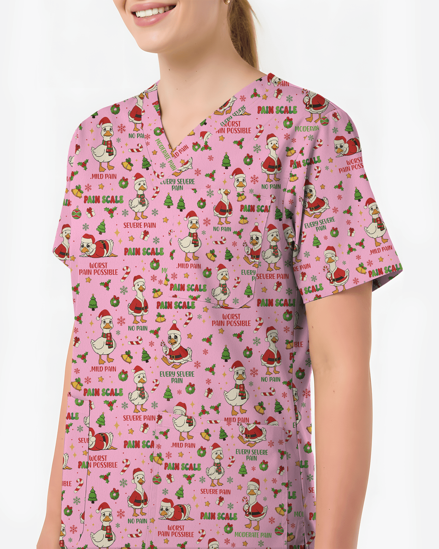 Funny Christmas Goose Pain Scale Nursing Scrub Top - Scrubloop