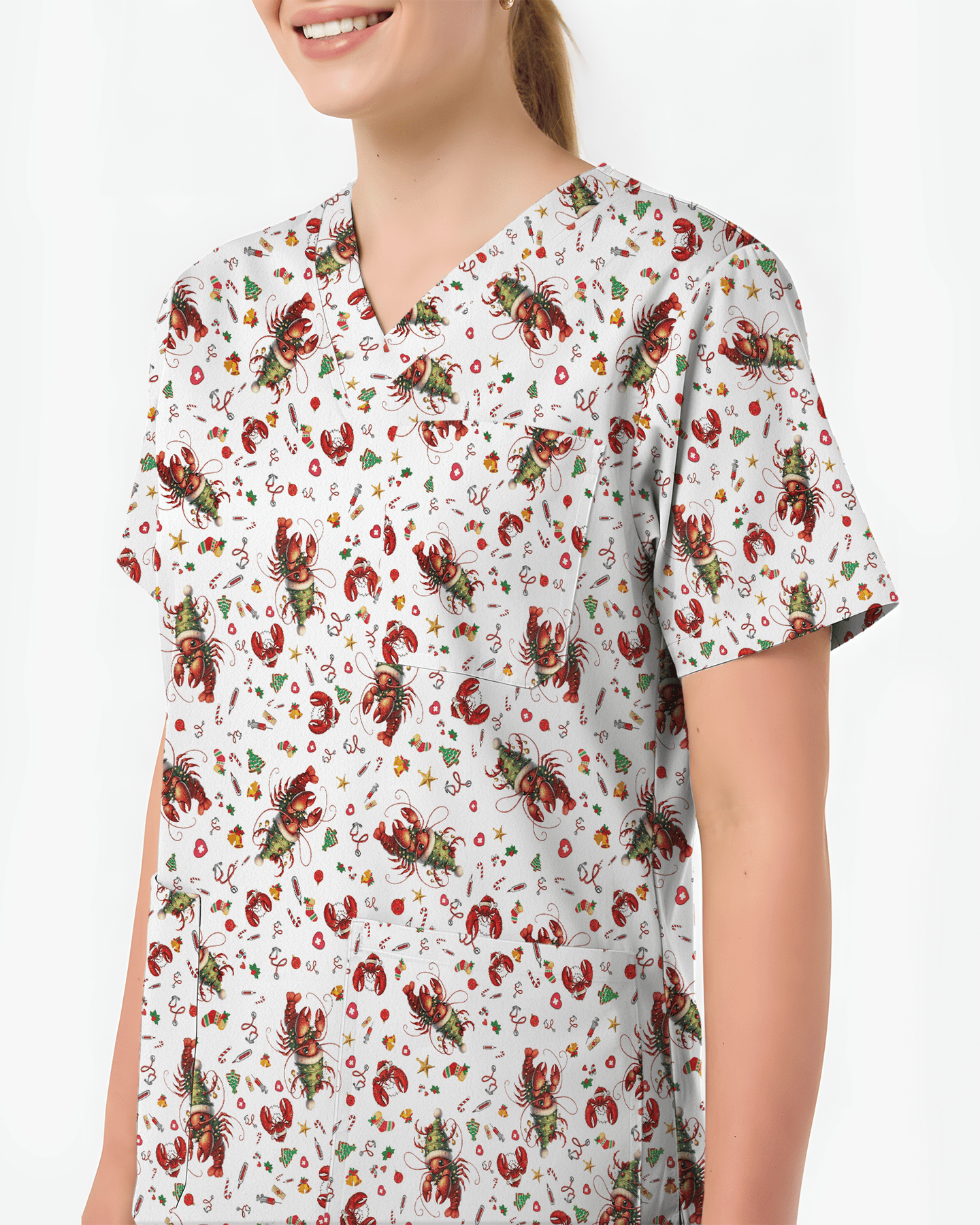 Funny Christmas Lobster Holiday Medical Scrub Top - Scrubloop