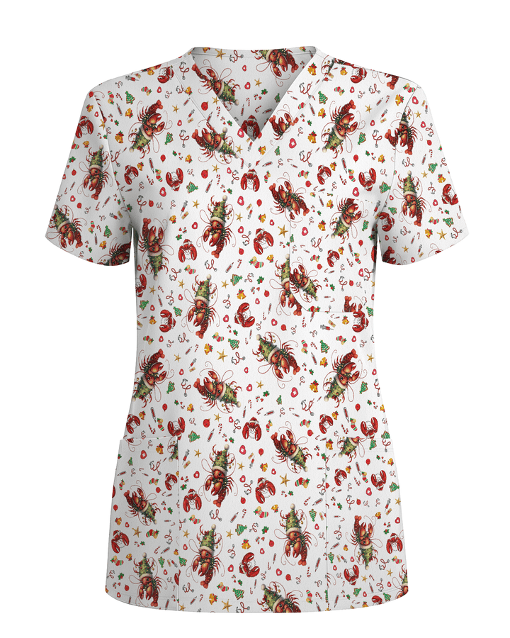 Funny Christmas Lobster Holiday Medical Scrub Top