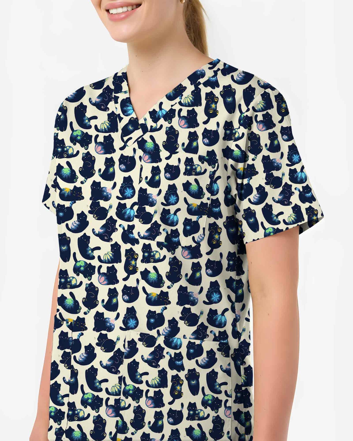 Funny Cosmic Black Cat Scrub Top - Scrubloop