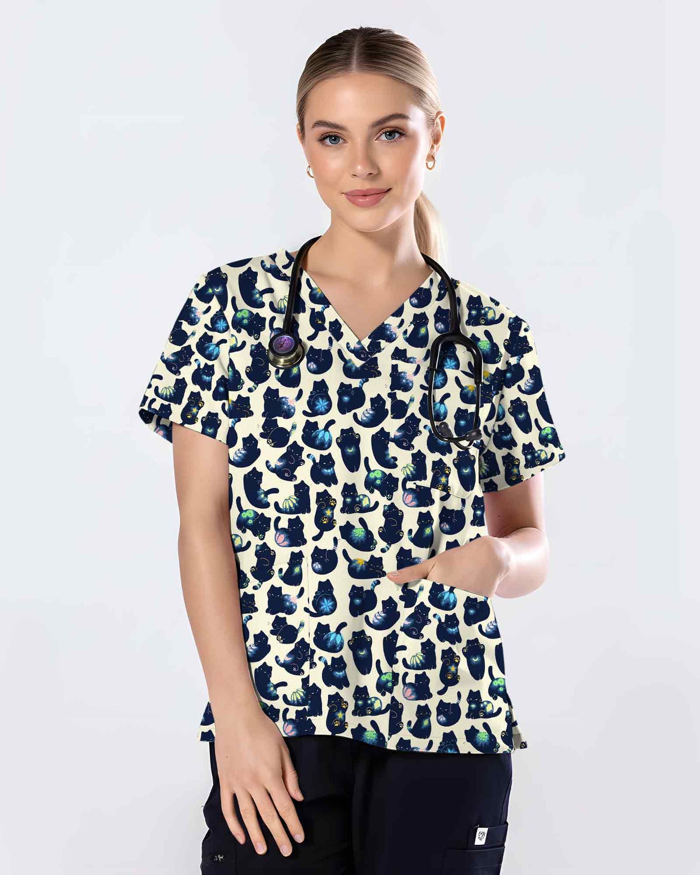 Funny Cosmic Black Cat Scrub Top - Scrubloop