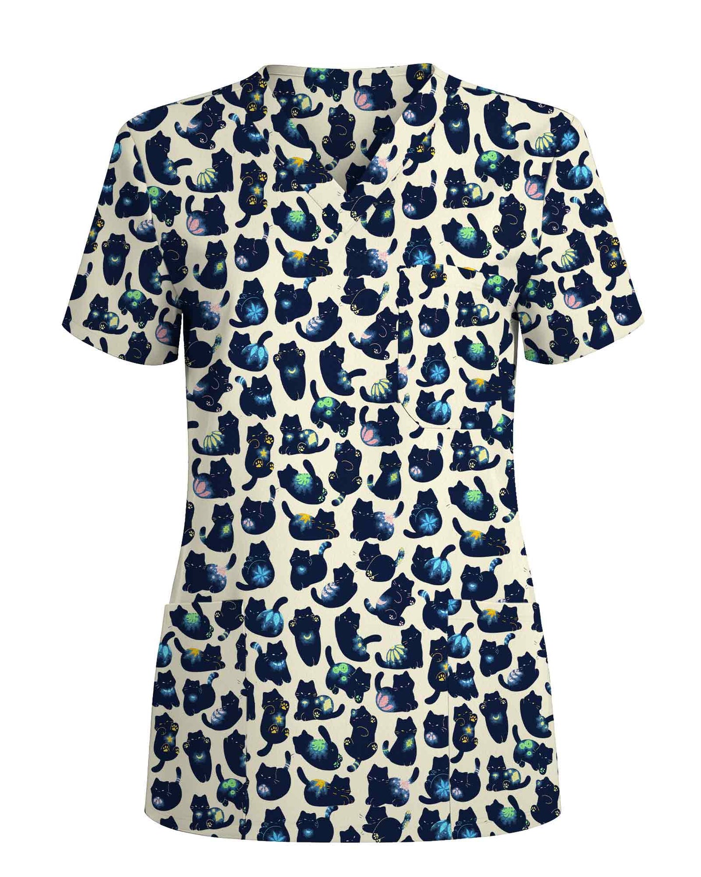 Funny Cosmic Black Cat Scrub Top - Scrubloop