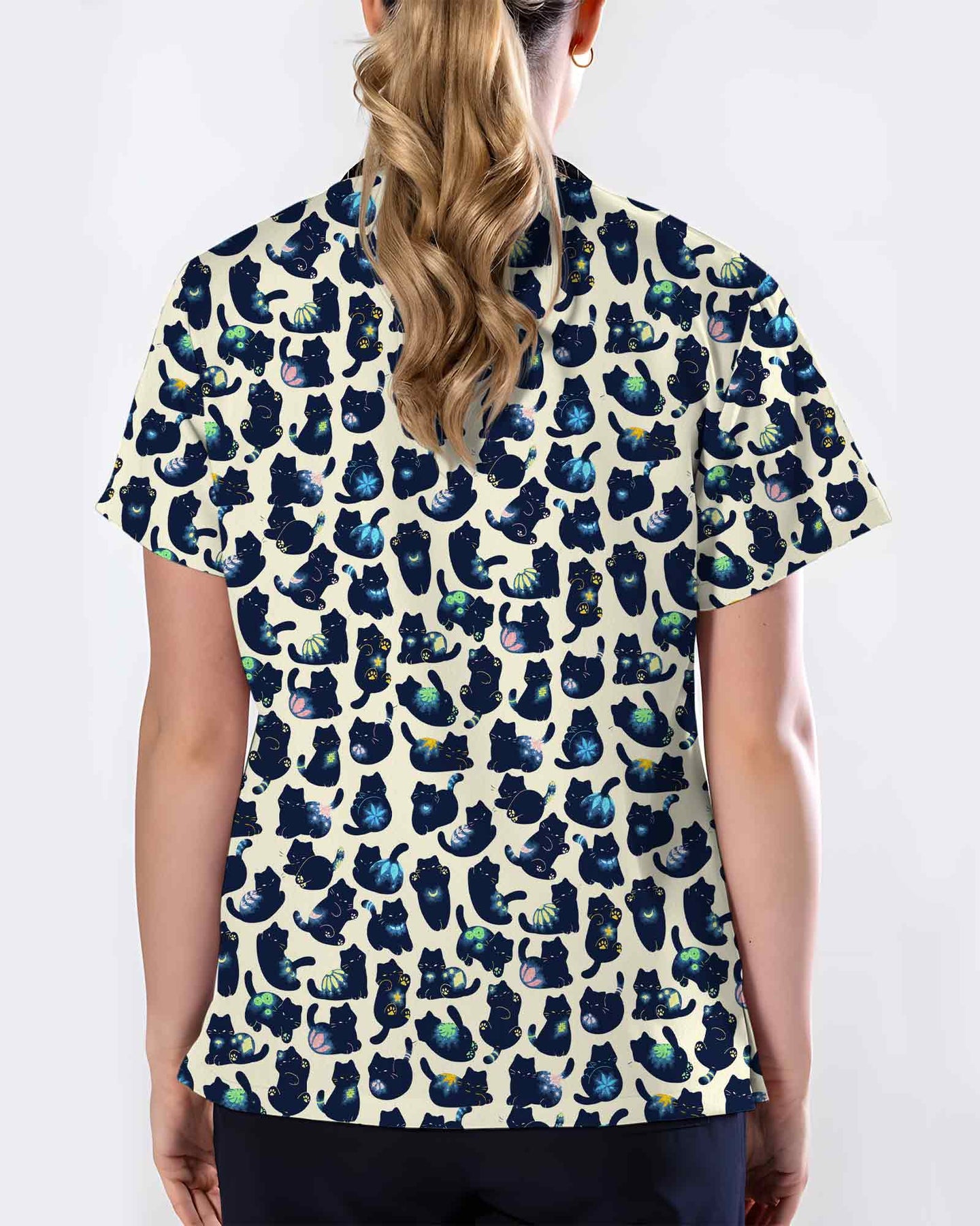 Funny Cosmic Black Cat Scrub Top - Scrubloop