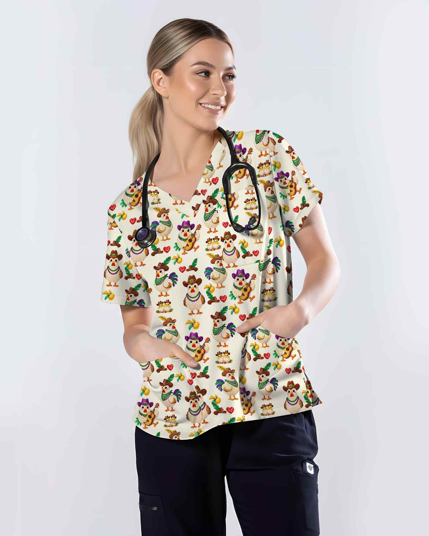 Funny Cowboy Chicken Medical Scrub Top - Scrubloop