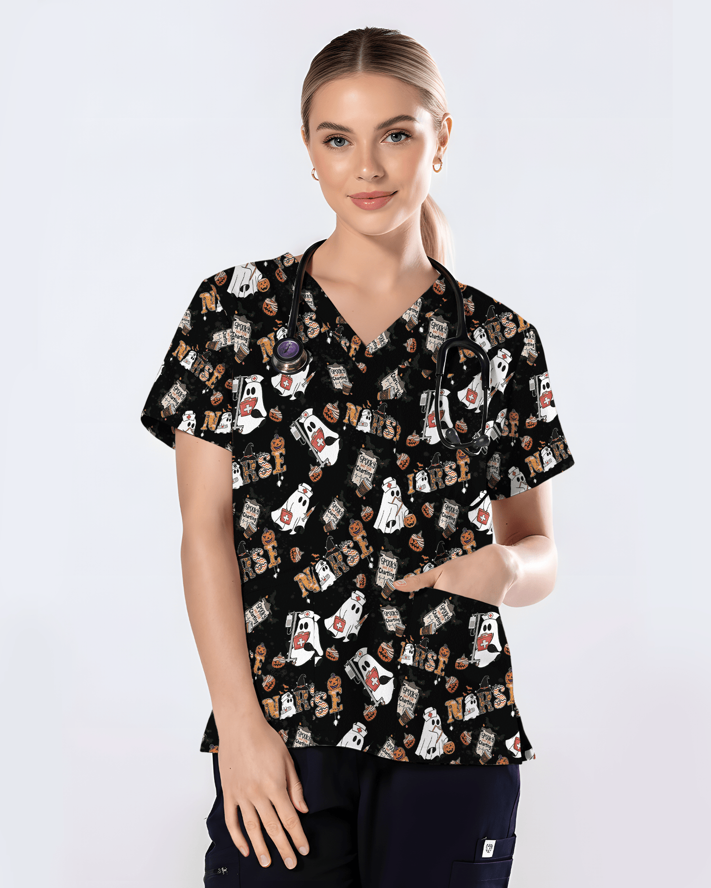 Funny Cute Halloween Ghost Medical Scrub Top - Scrubloop