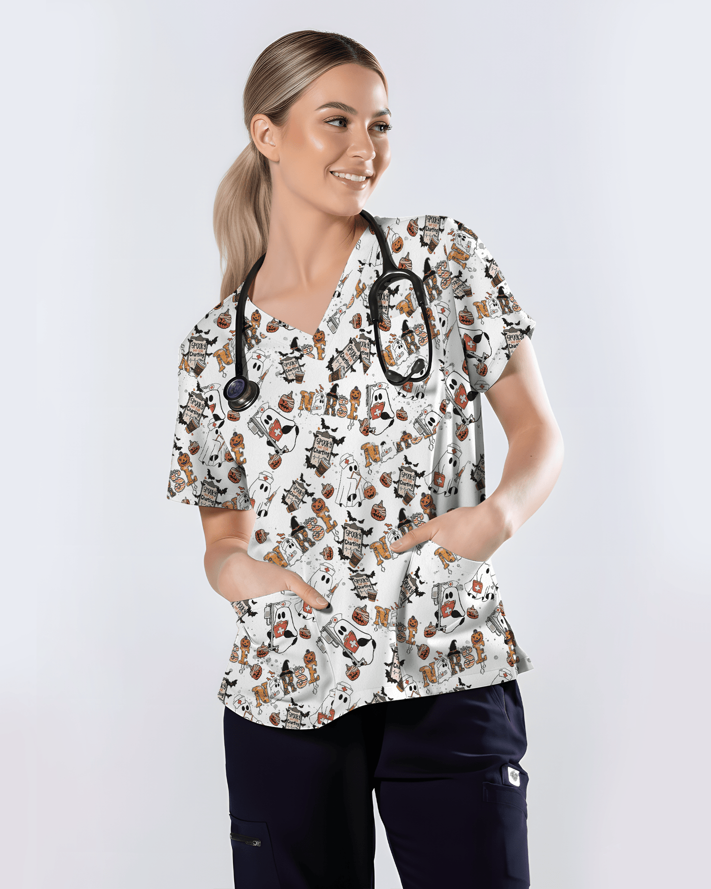 Funny Cute Halloween Ghost Medical Scrub Top - Scrubloop