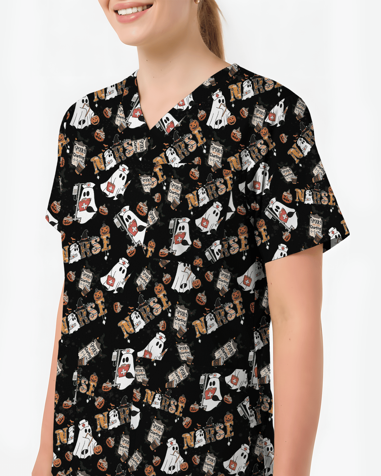 Funny Cute Halloween Ghost Medical Scrub Top - Scrubloop