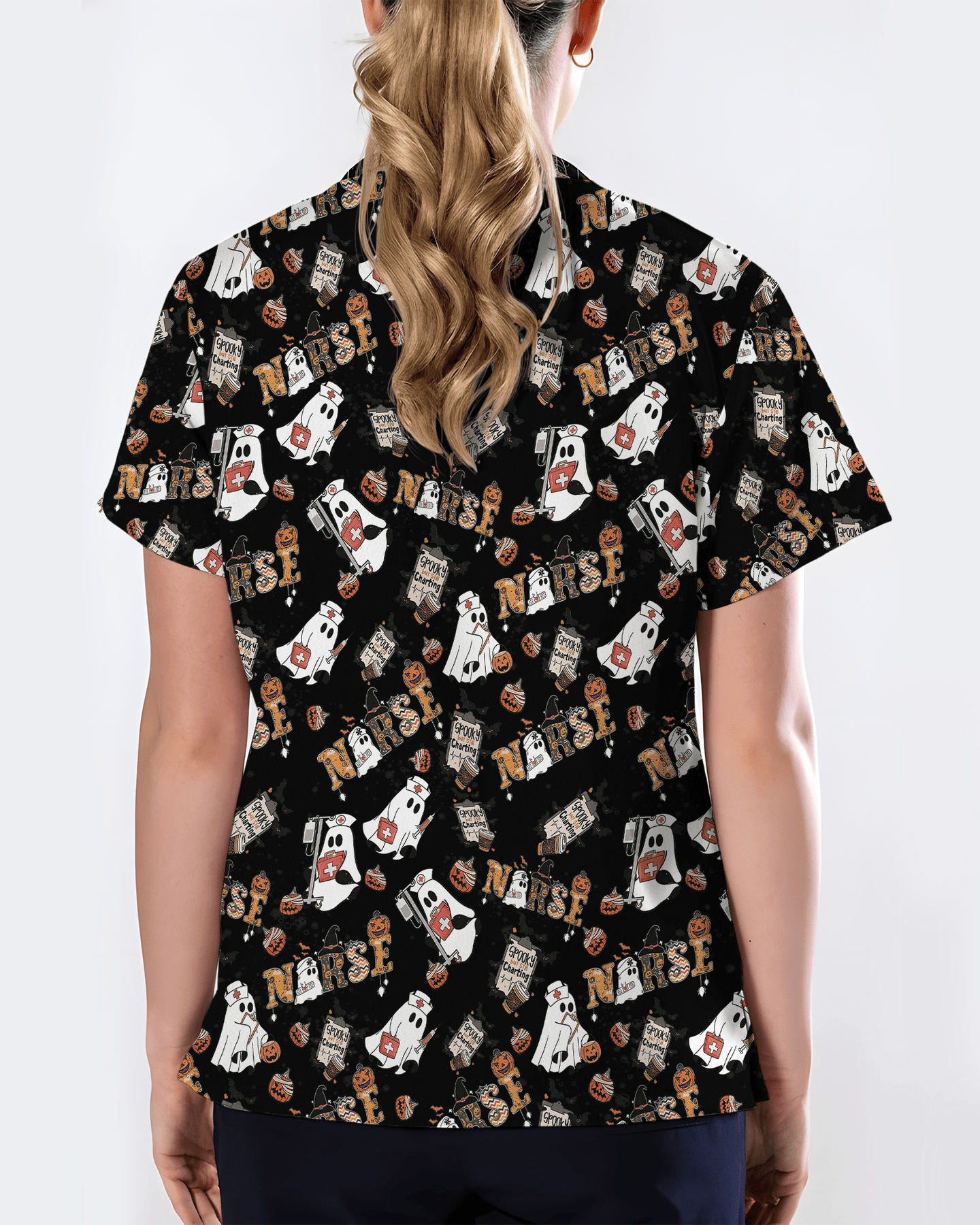Funny Cute Halloween Ghost Medical Scrub Top - Scrubloop