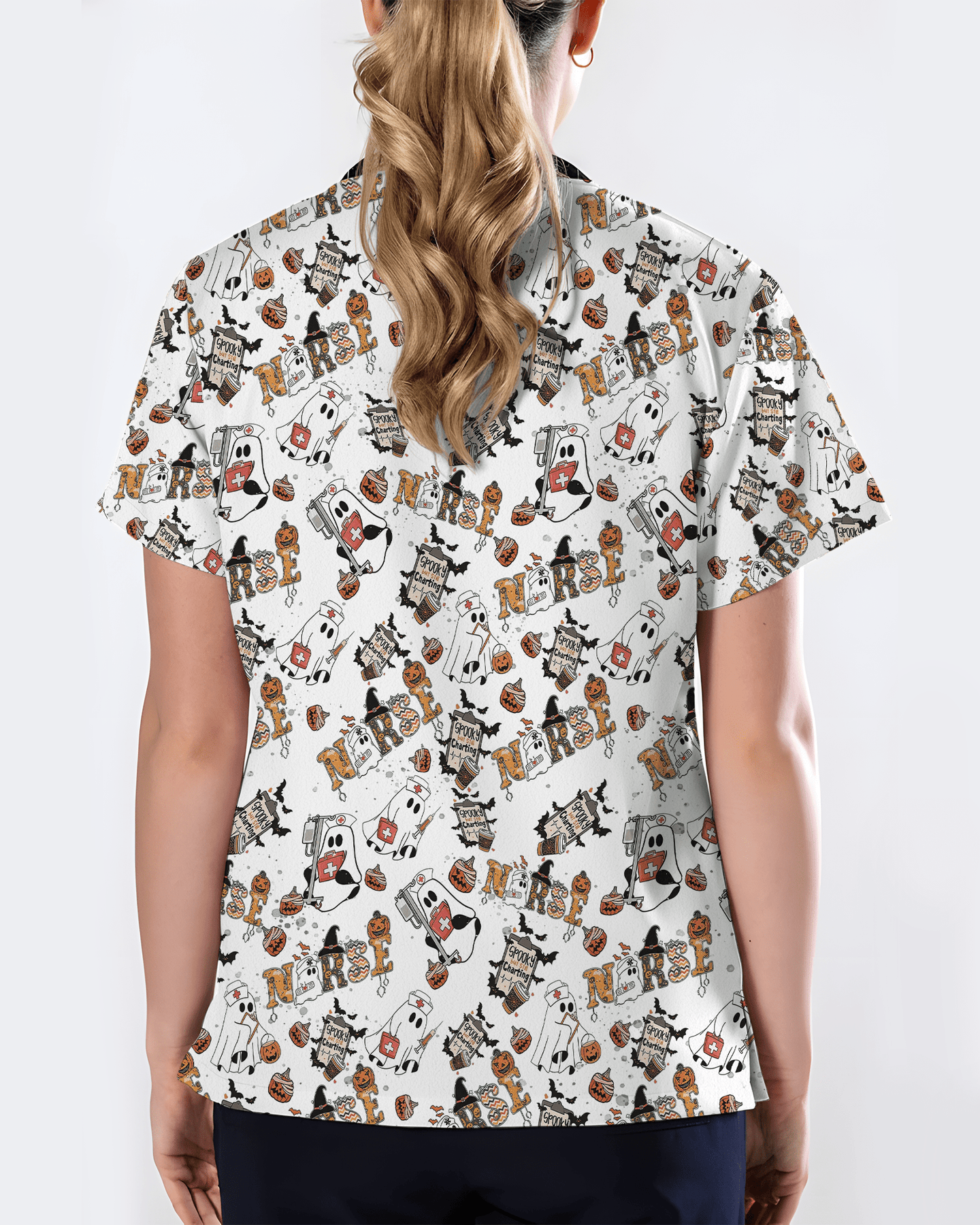Funny Cute Halloween Ghost Medical Scrub Top - Scrubloop
