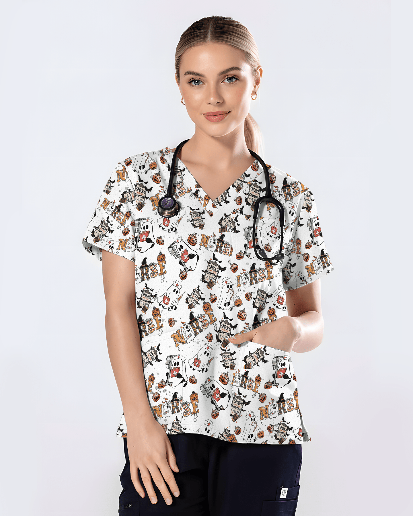 Funny Cute Halloween Ghost Medical Scrub Top - Scrubloop