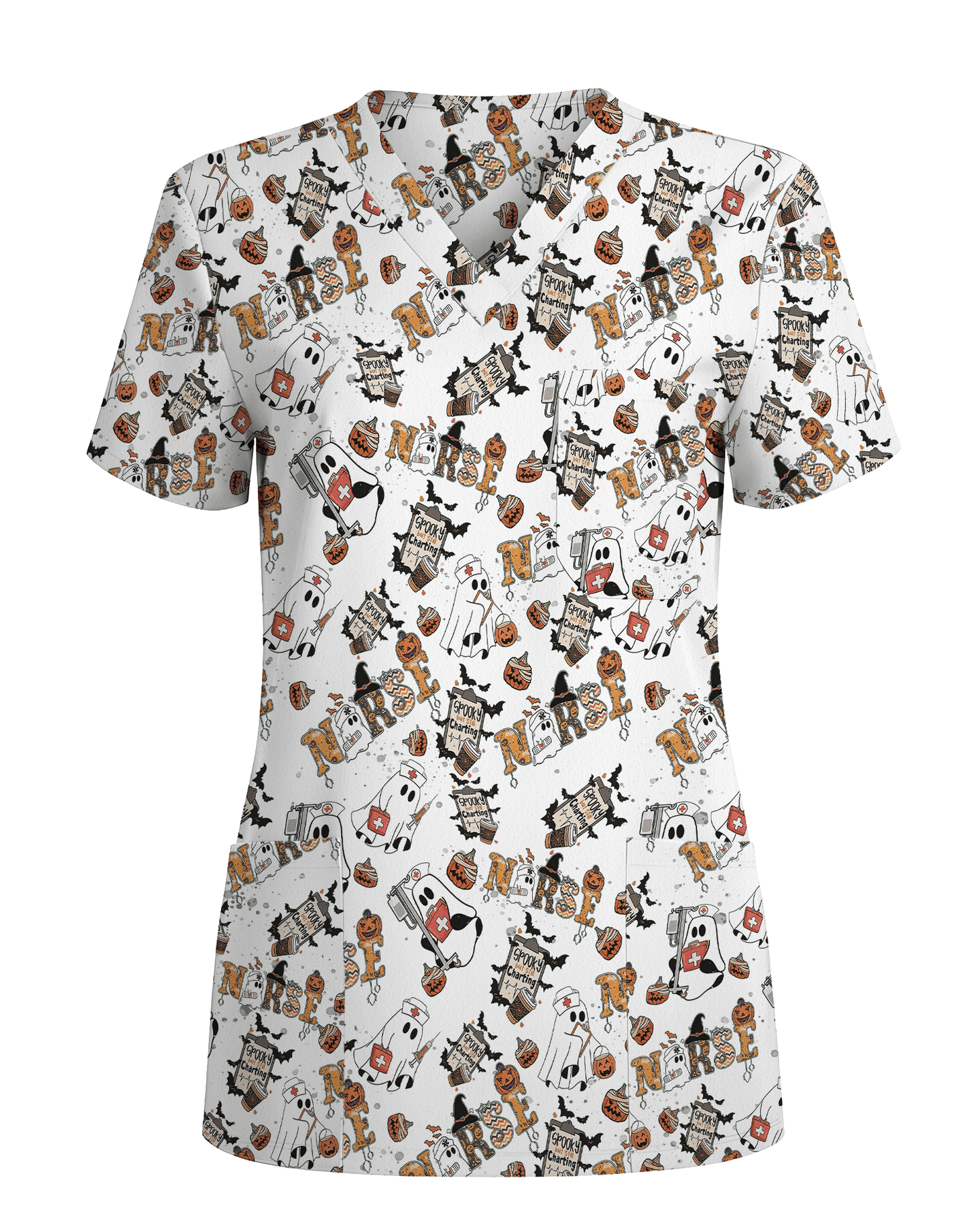 Funny Cute Halloween Ghost Medical Scrub Top - Scrubloop
