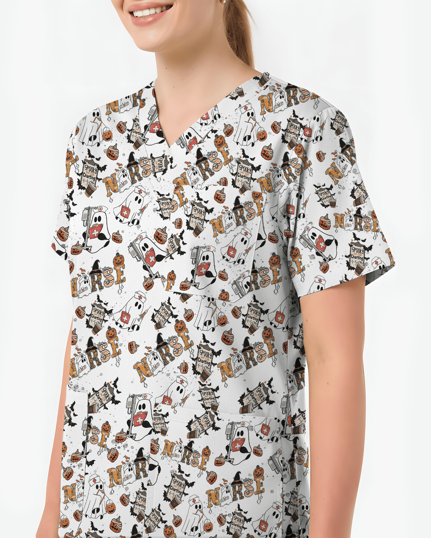 Funny Cute Halloween Ghost Medical Scrub Top - Scrubloop