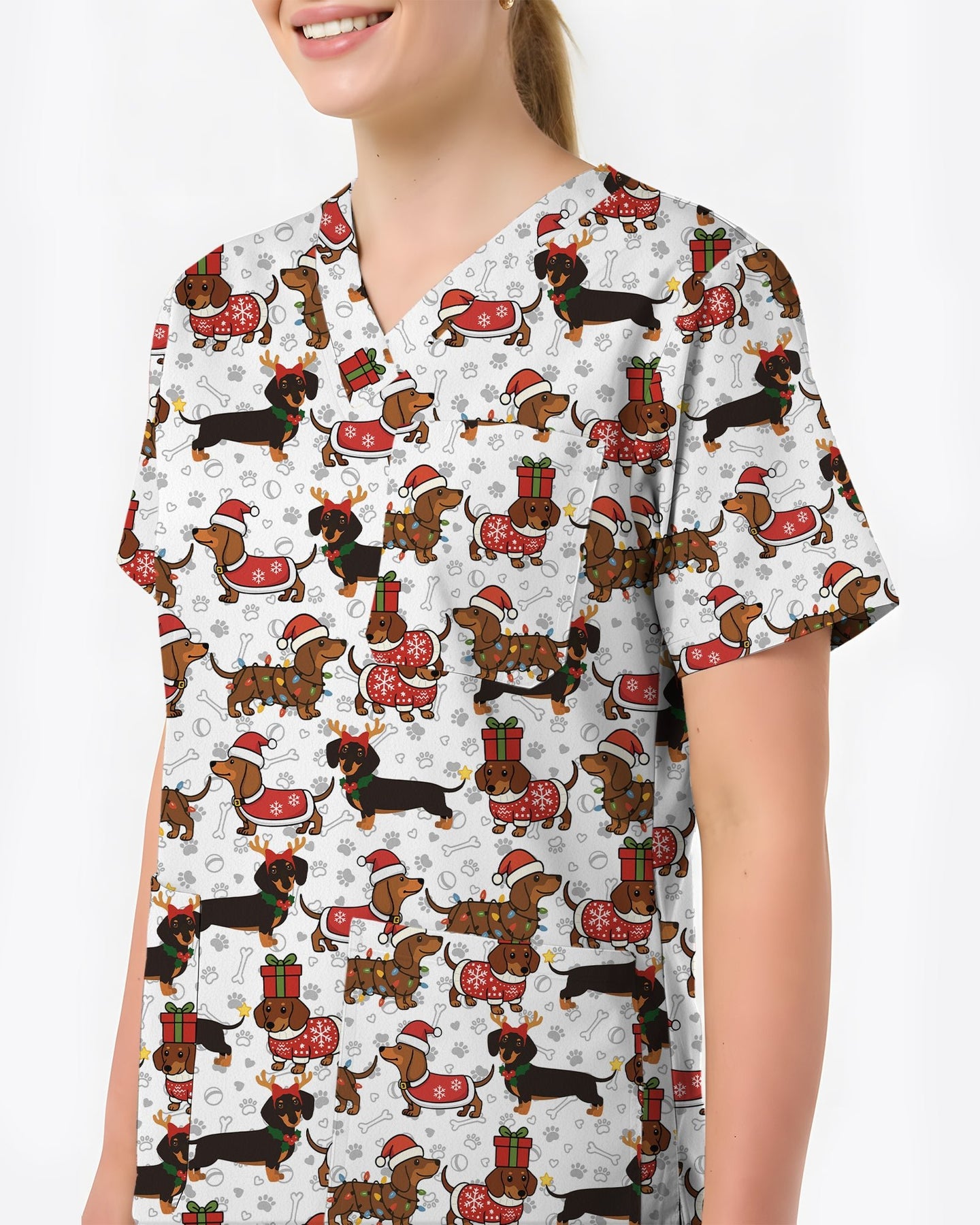Funny Dachshund in Santa Costume Illustration Women Scrub Top - Scrubloop