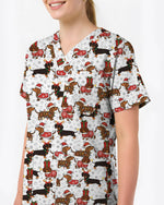Funny Dachshund in Santa Costume Illustration Women Scrub Top - Scrubloop