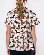 Funny Dachshund in Santa Costume Illustration Women Scrub Top - Scrubloop