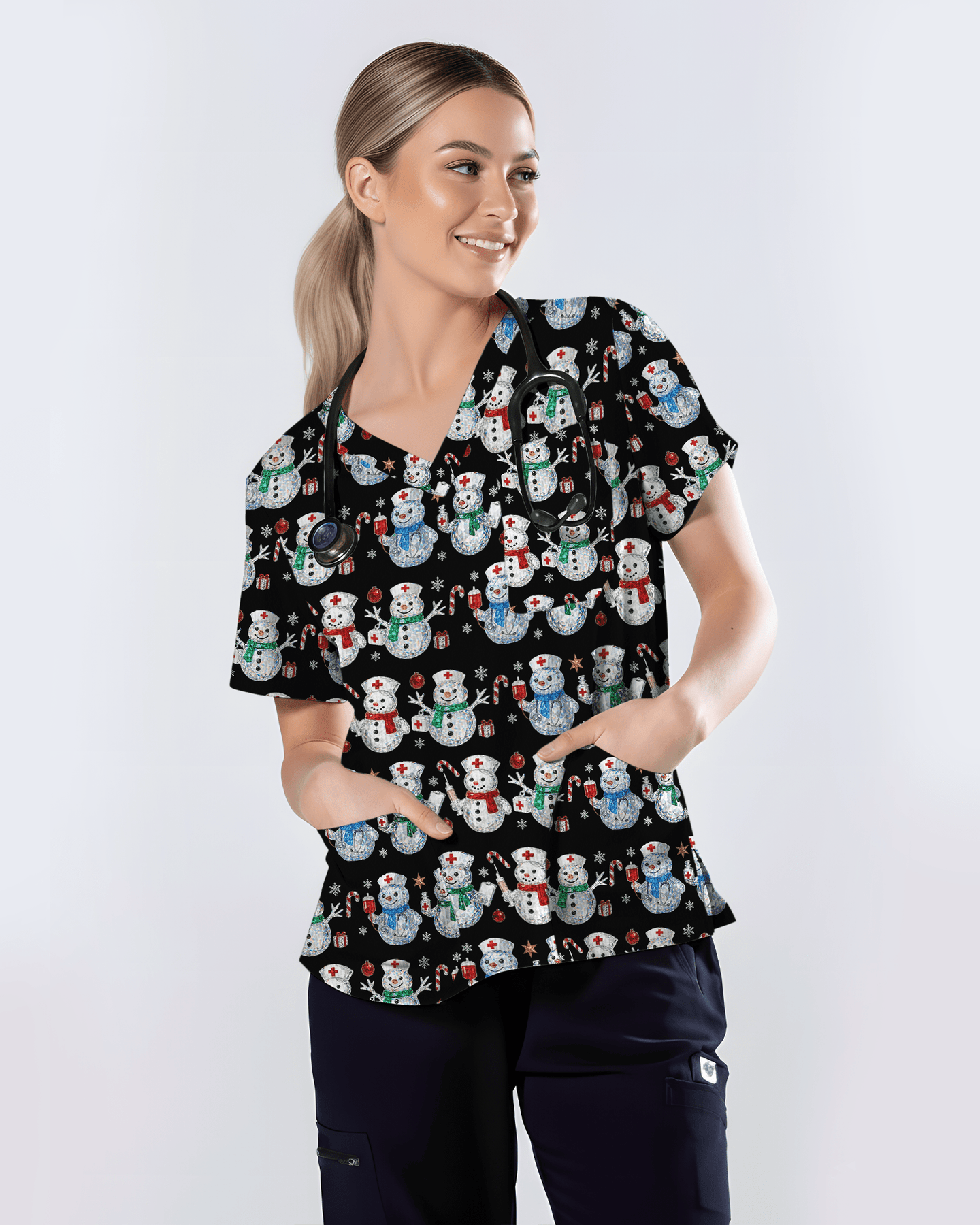 Funny Diamond Snowman Holiday Medical Scrub Top - Scrubloop