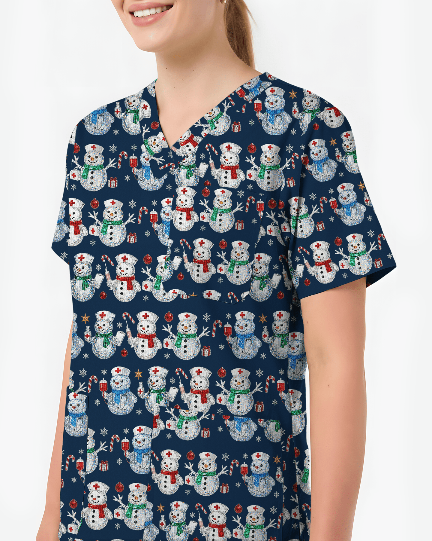 Funny Diamond Snowman Holiday Medical Scrub Top - Scrubloop