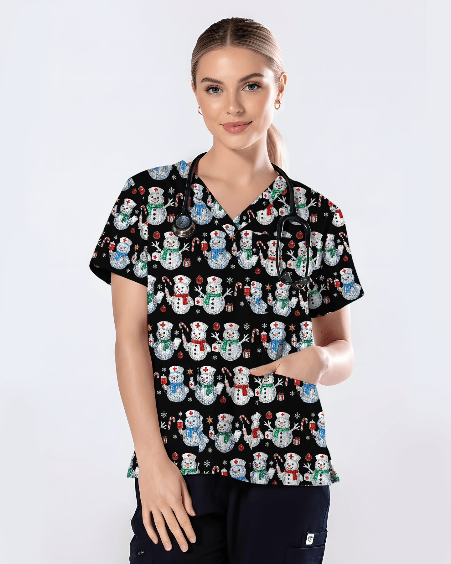 Funny Diamond Snowman Holiday Medical Scrub Top - Scrubloop