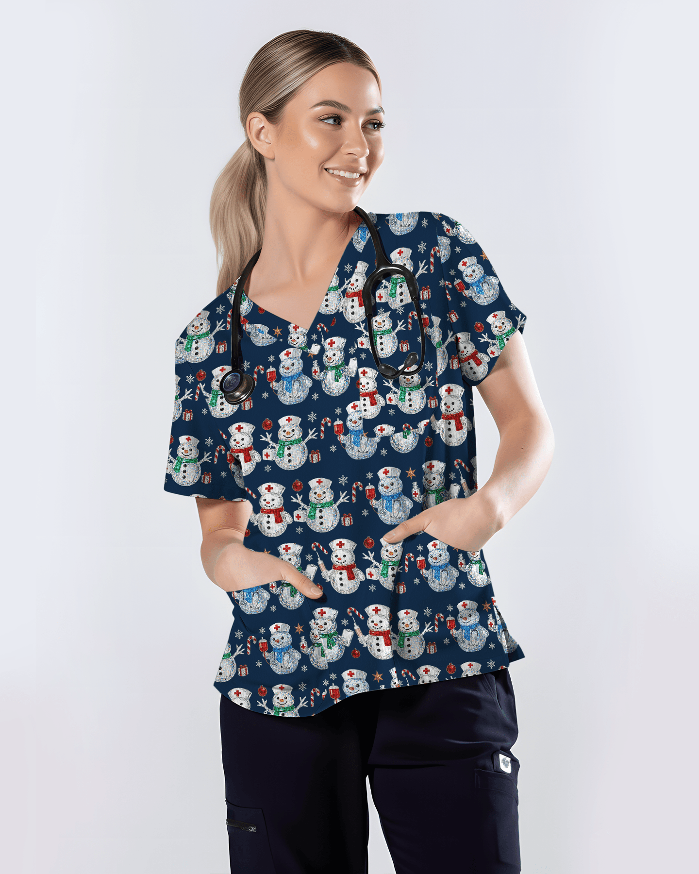 Funny Diamond Snowman Holiday Medical Scrub Top - Scrubloop