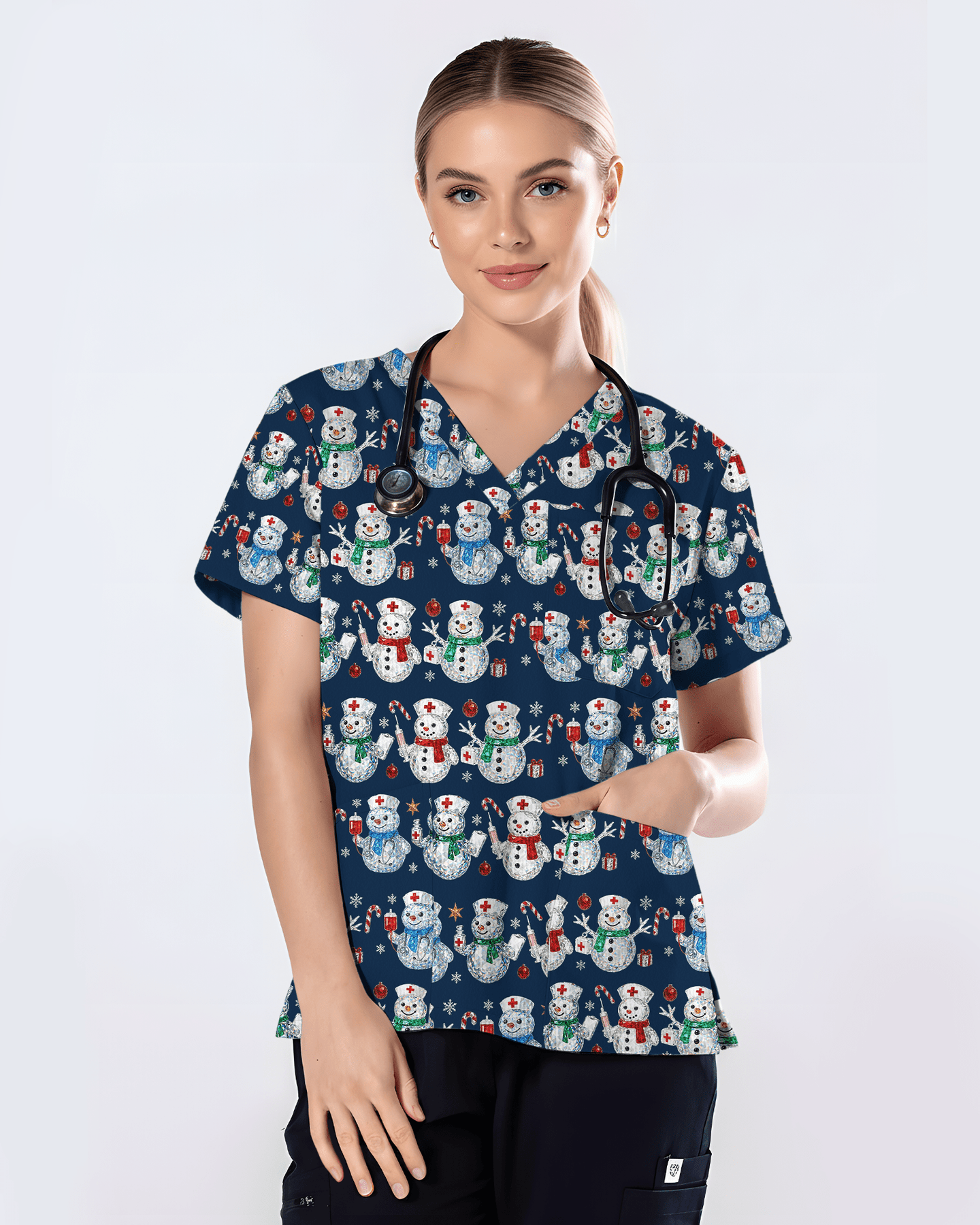 Funny Diamond Snowman Holiday Medical Scrub Top - Scrubloop