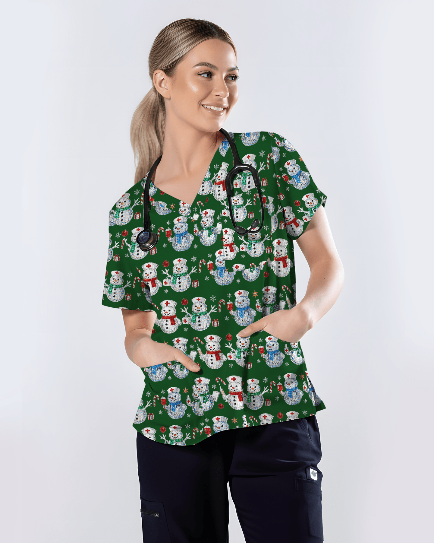 Funny Diamond Snowman Holiday Medical Scrub Top - Scrubloop