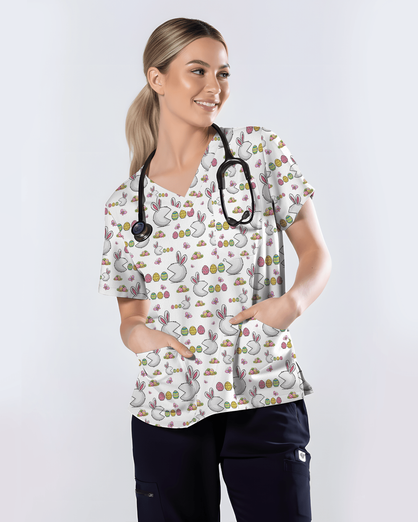 Funny Easter Bunny Pacman Style Cute Nurse Scrub Top - Scrubloop