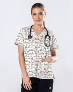 Funny Easter Bunny Pacman Style Cute Nurse Scrub Top - Scrubloop