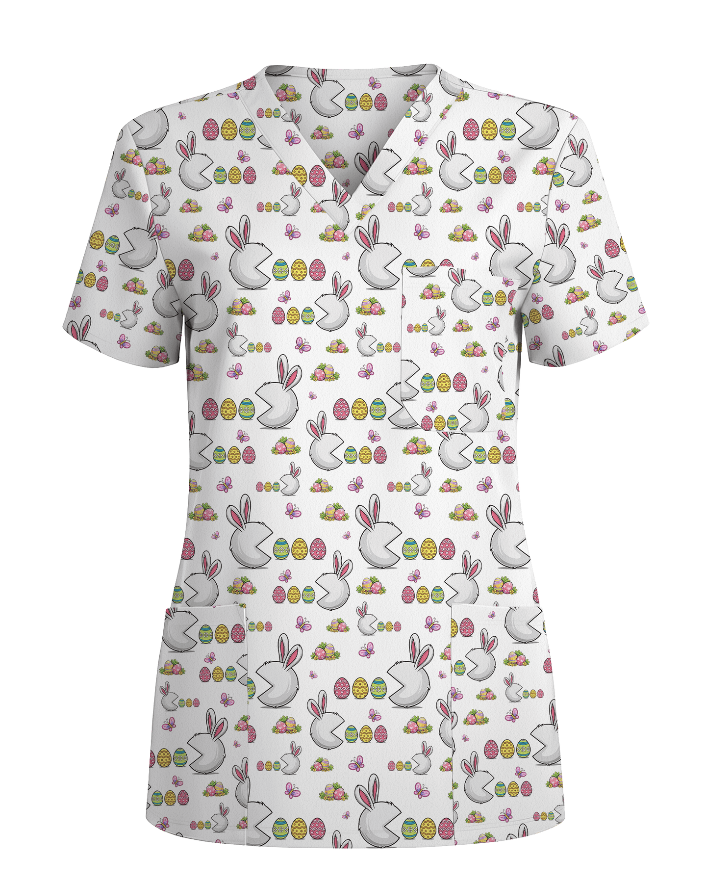 Funny Easter Bunny Pacman Style Cute Nurse Scrub Top - Scrubloop